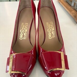 Salvatore Ferragamo Red Patent Leather Heels with Gold Buckle